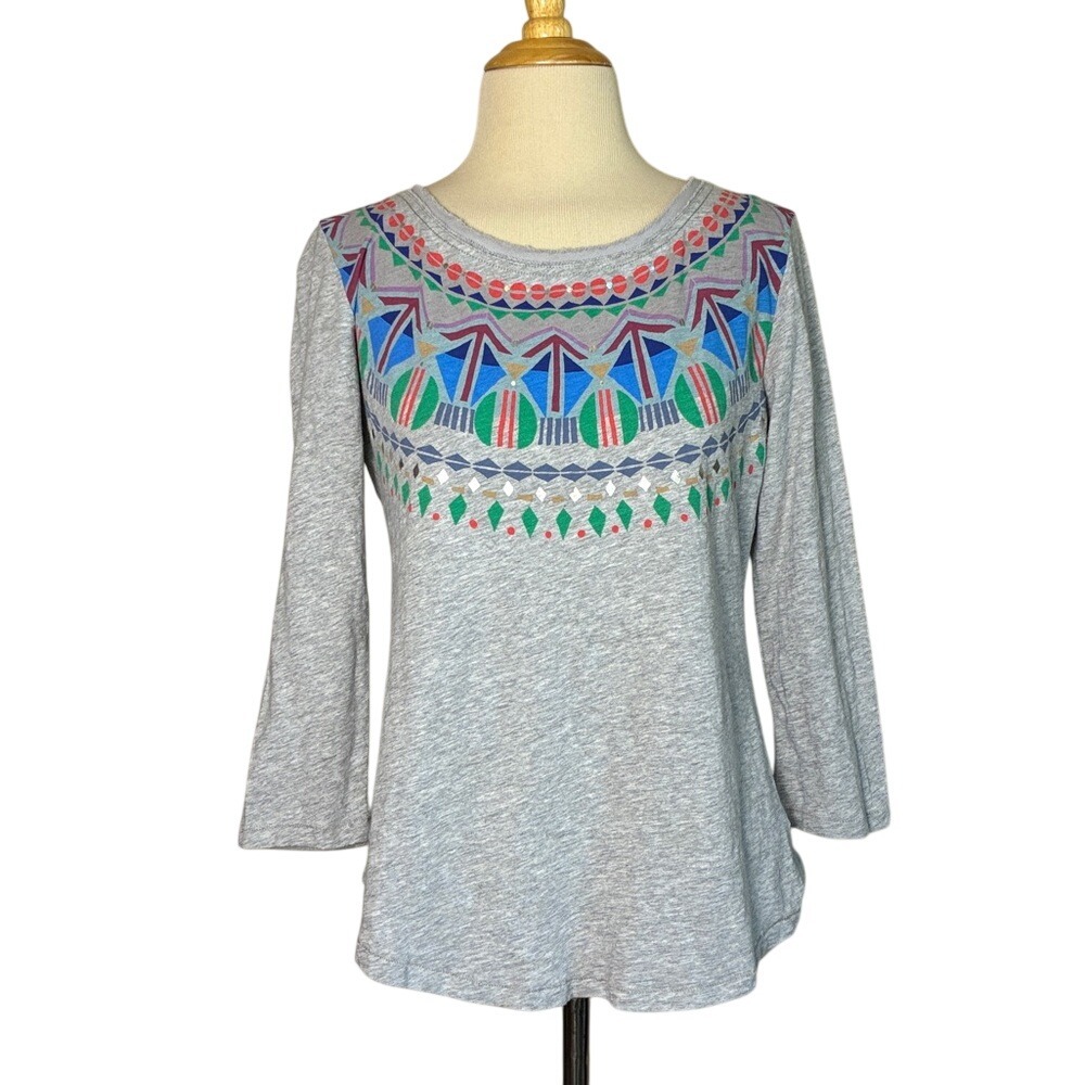 ANTHROPOLOGIE POSTMARK Women Medium Grey Aztec Tribal Cotton‎ 3/4 Sleeve Top